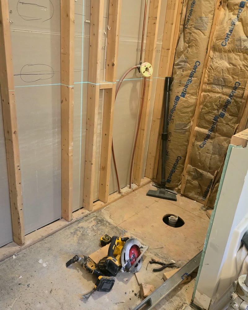 Demolition complete, the shower stripped back to studs and subfloor